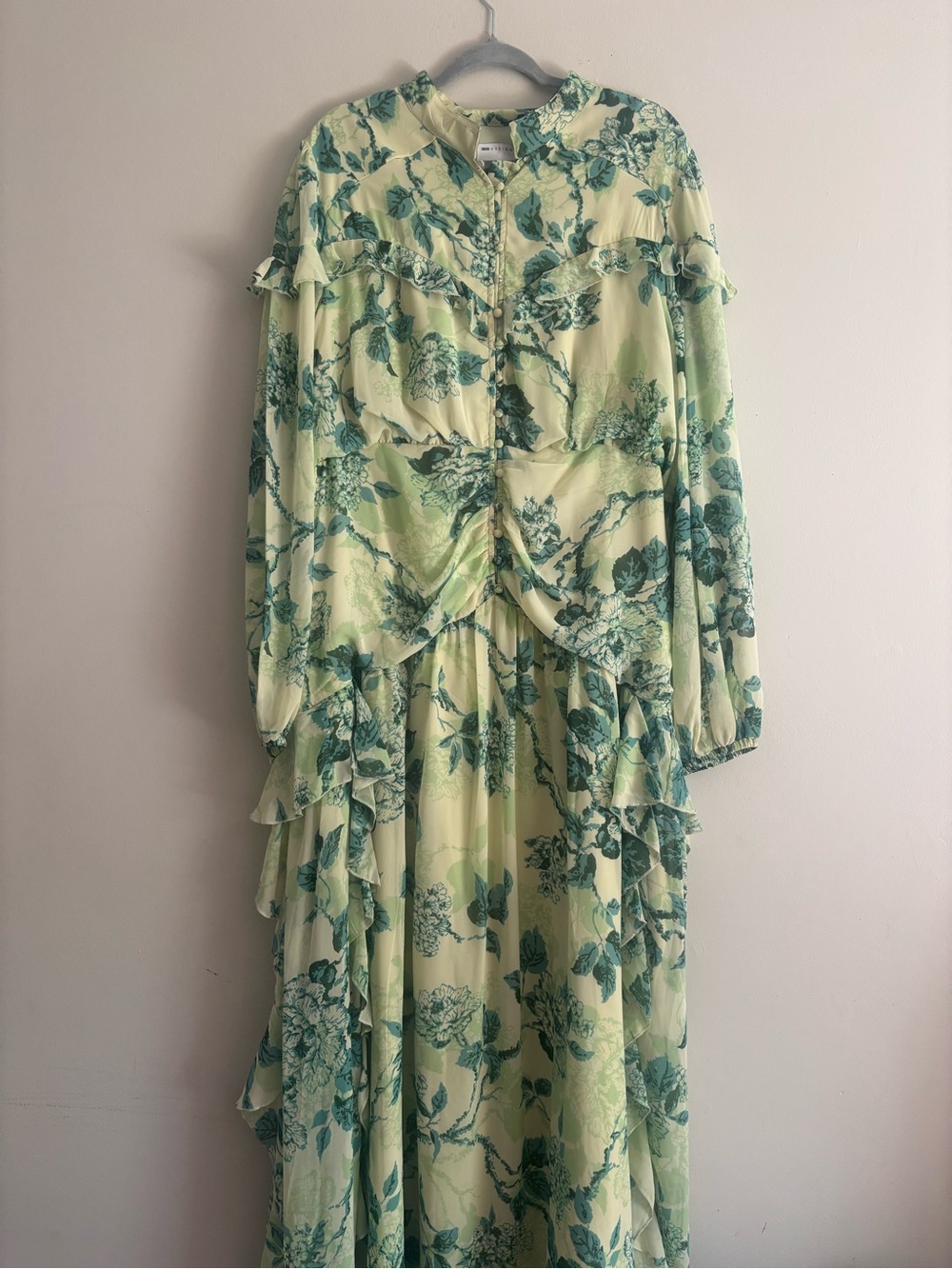 ASOS Floral Ruffle Long Sleeve Maxi Dress - Light Yellow with Green Print